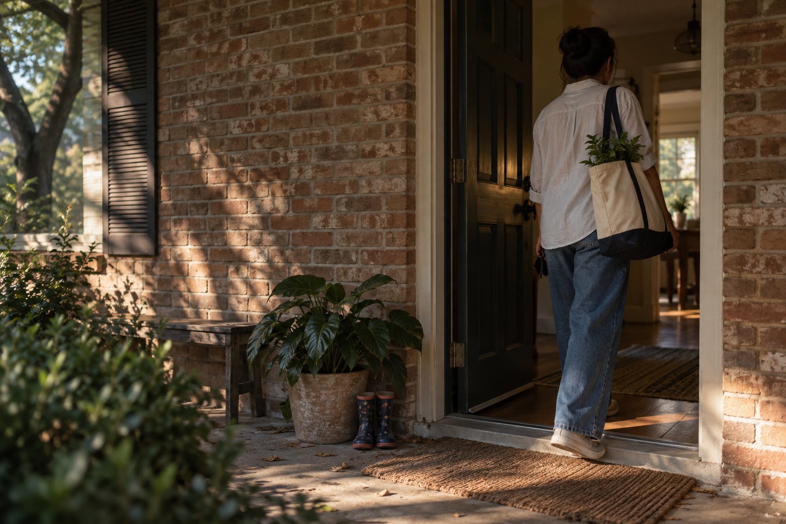A person crossing the threshold of a Houston brick Home