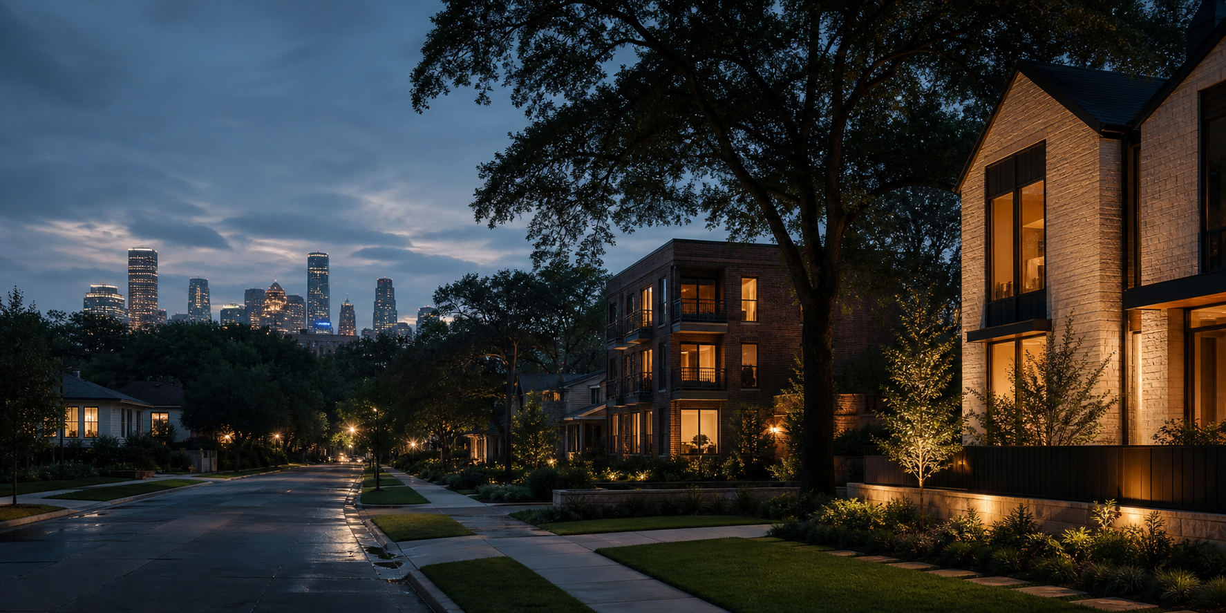 Houston homes and skyline after an evening rain