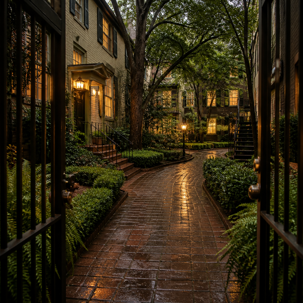 A sheltered Houston residential courtyard after rain