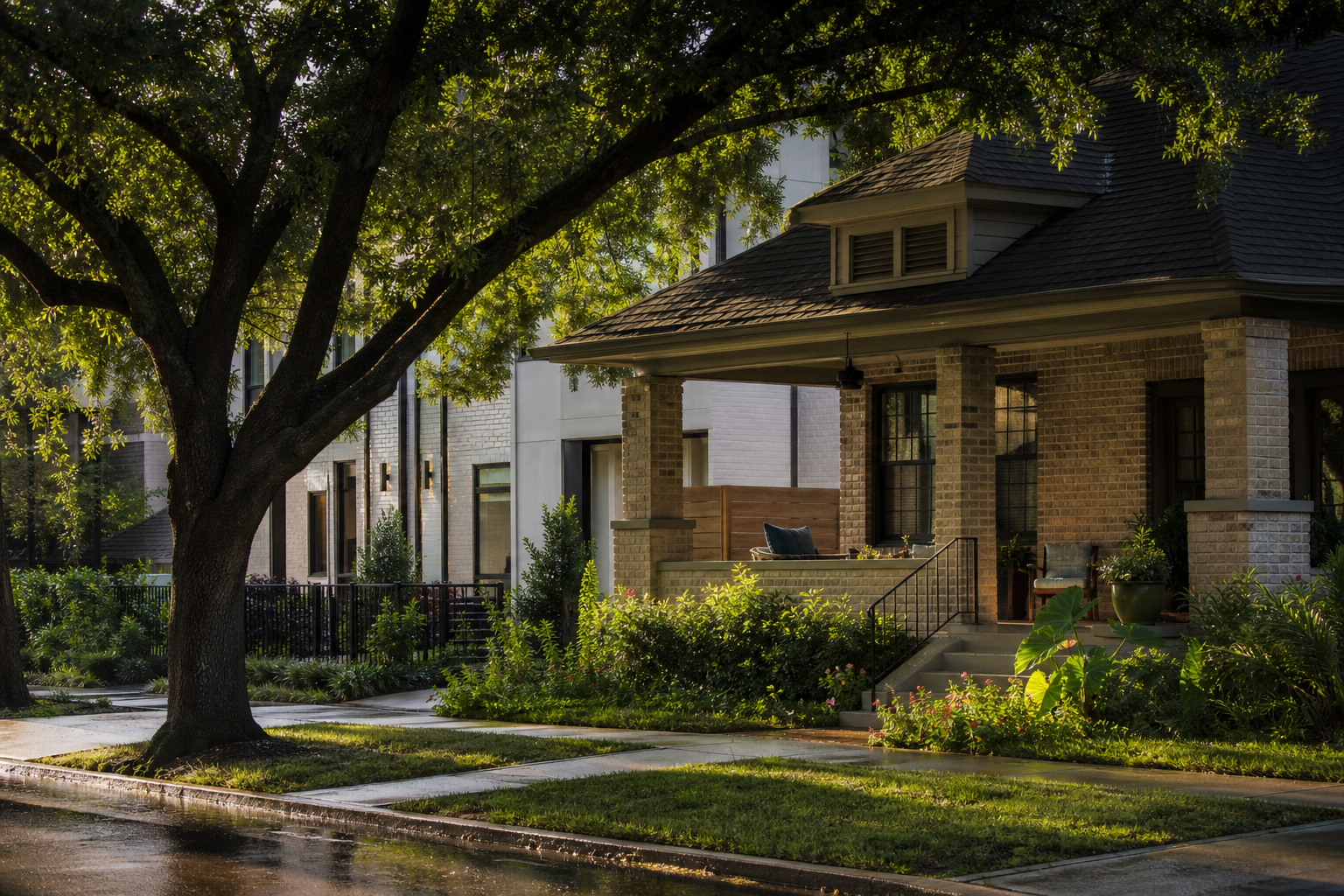 A tree-lined Houston neighborhood with homes old and new