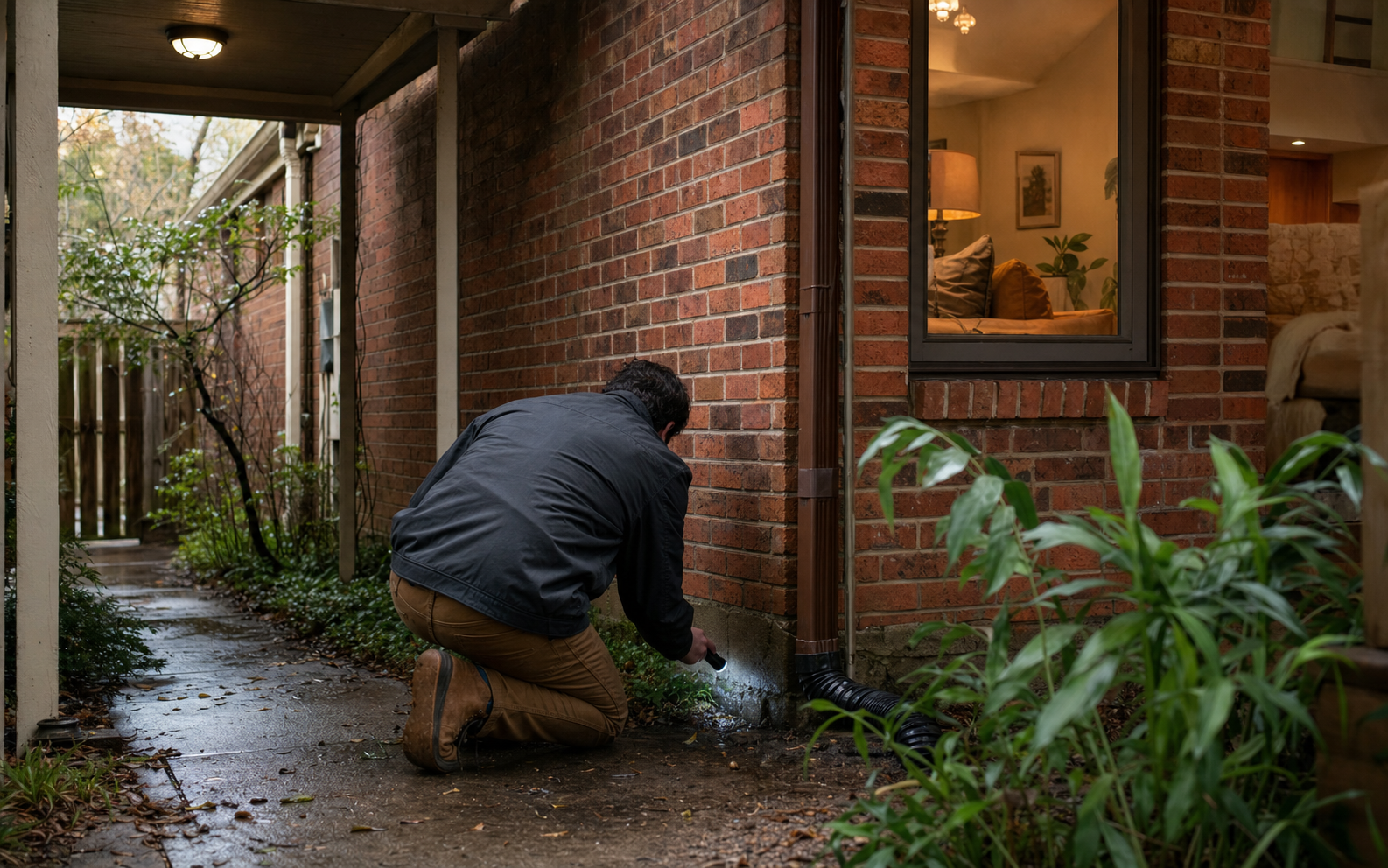 A property-care professional inspecting a Houston brick home